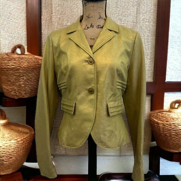 John Carlisle Chartreuse Soft Leather 2 Button‎ Blazer Large - Picture 1 of 8